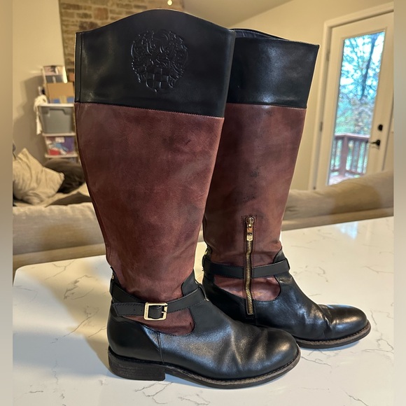 Vince Camuto Leather Riding Boots Two Tine Black Cherry Sz 9B/39 - Picture 2 of 12
